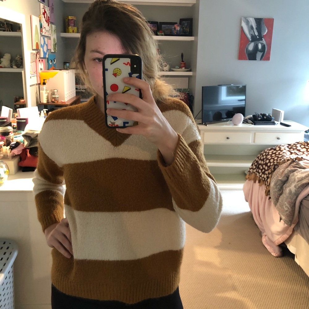Philosophy Carmel and White Striped V-Neck Sweater